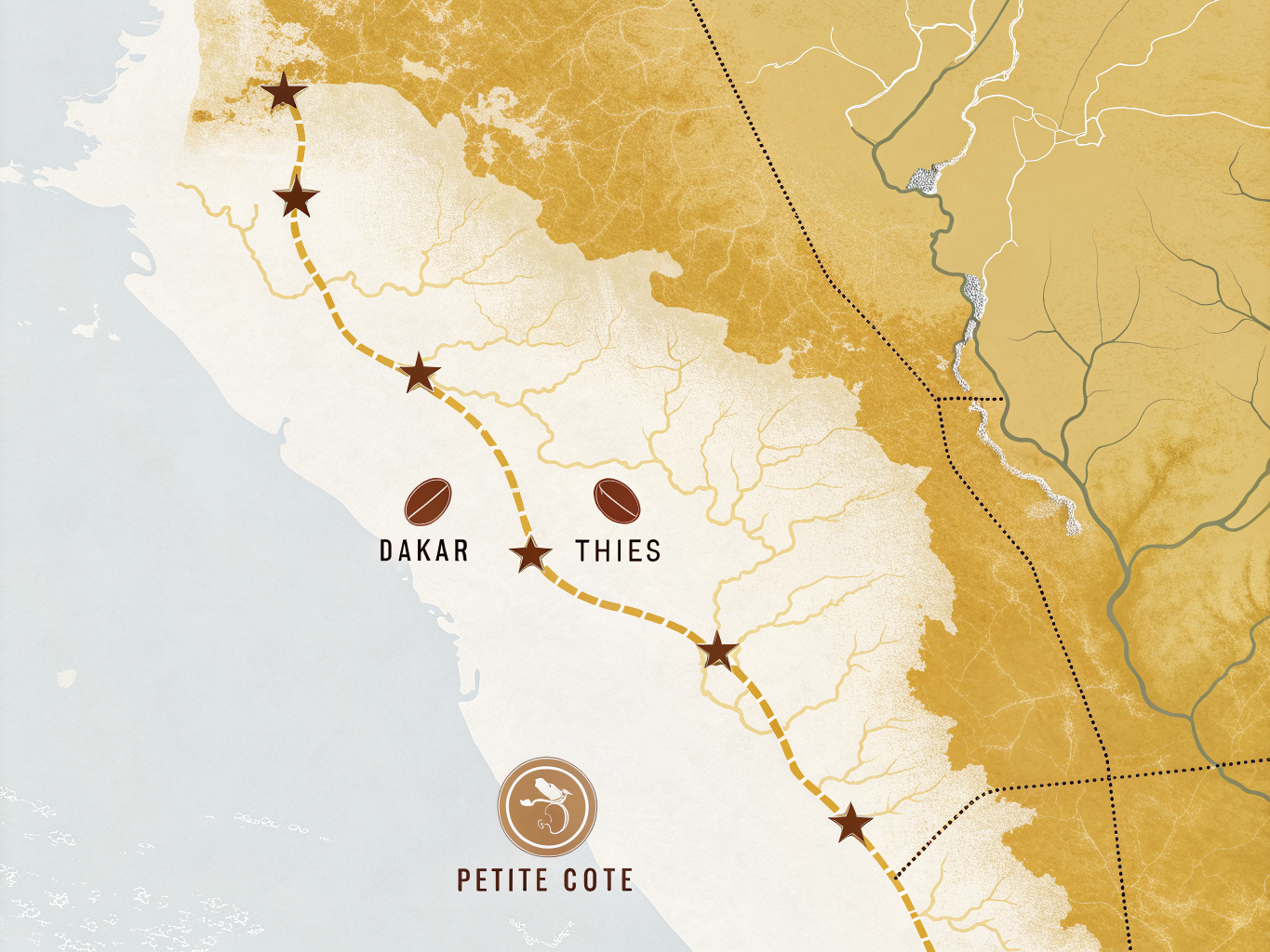 Carte stylisée de la zone de livraison KBC Coffee Service au Sénégal